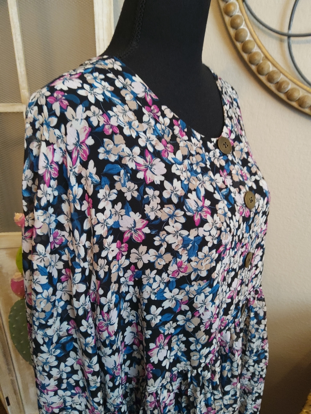 Terra & Sky Black Floral Button-Front Top with Pink & White Blossoms - Picture 7 of 12